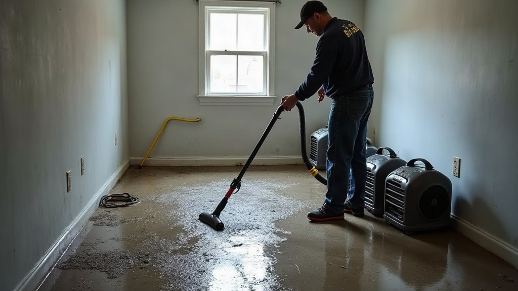 Technician extracting water from a flooded finished basement in a Fountain, Colorado home with air movers along the wall