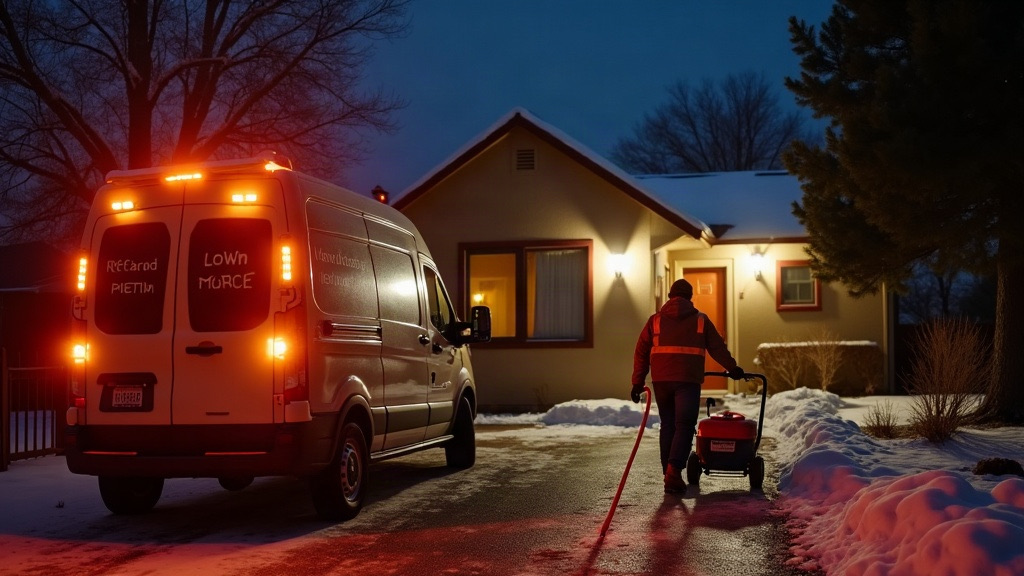 Restoration technician carrying extraction equipment into a Colorado Springs home at night during an emergency water removal call