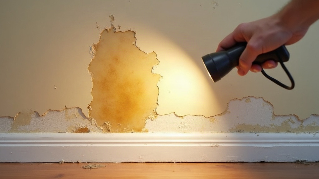 Early signs of water damage on an interior wall: a yellow-brown stain ring, bubbling paint and a swollen baseboard under flashlight light