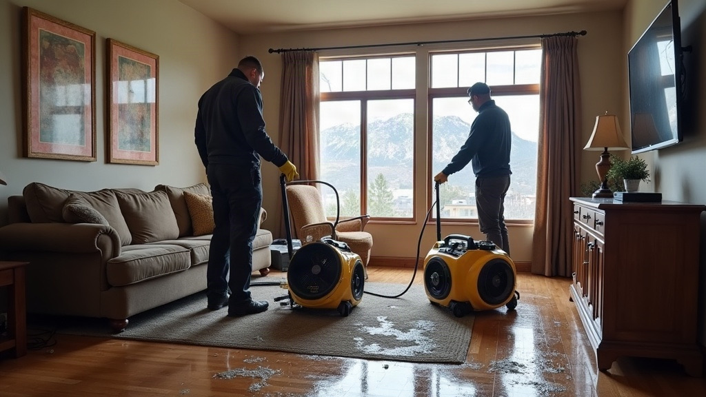 Restoration technicians drying a flooded living room in a Colorado Springs home, with air movers and a dehumidifier on the wet carpet