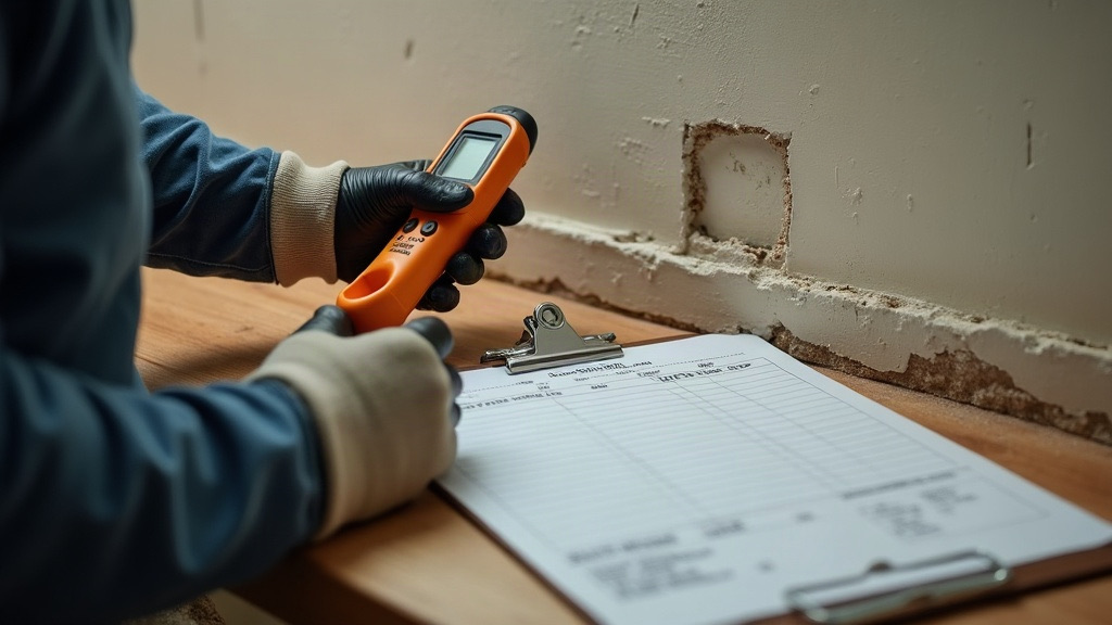 Moisture meter reading taken on a basement wall during a mold remediation estimate in Colorado Springs