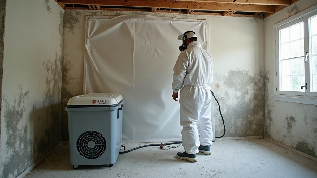 Mold remediation technician in protective suit setting up containment and a HEPA air scrubber in a Colorado Springs basement