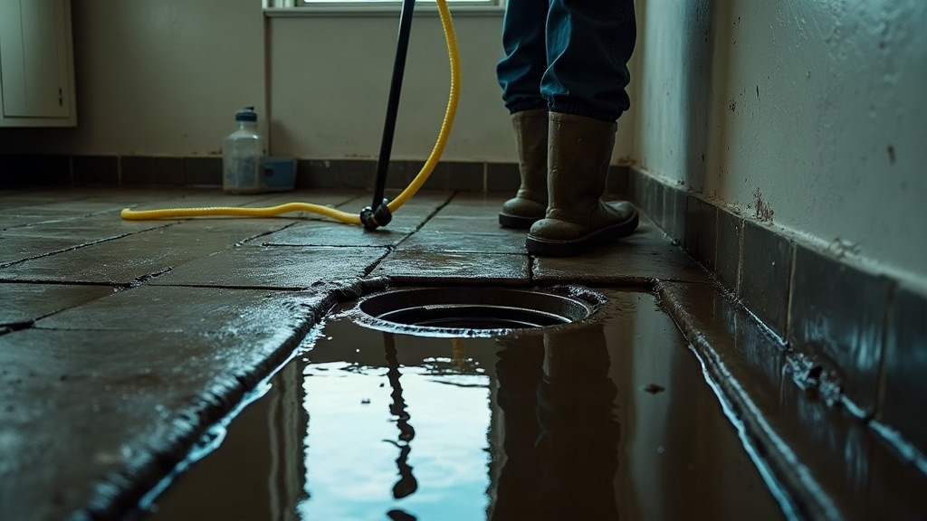 Backed-up basement floor drain with contaminated water being contained by a cleanup crew member in protective gear